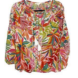 C&C California Tropical Embroidered Tassel Tie Blouse Floral Boho Casual Women S
